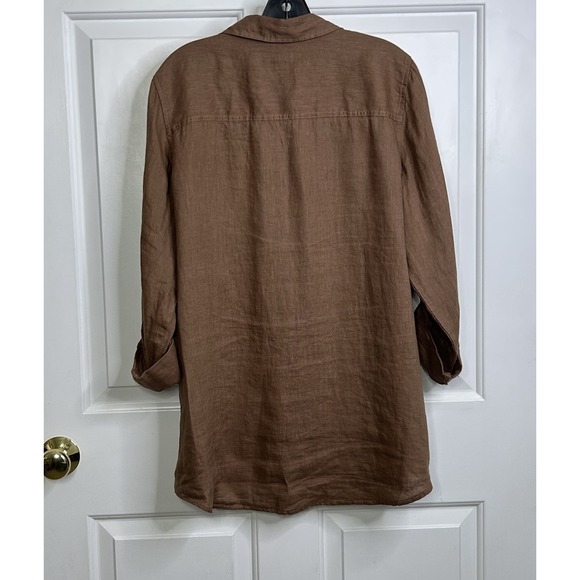 Sigrid Olsen 100% Linen Top Blouse Button Up Shirt Womens XL Brown Roll Tab - Picture 2 of 8